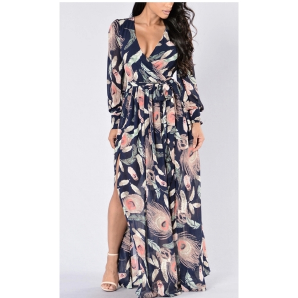 Navy Feather Print Long Sleeve Maxi Dress